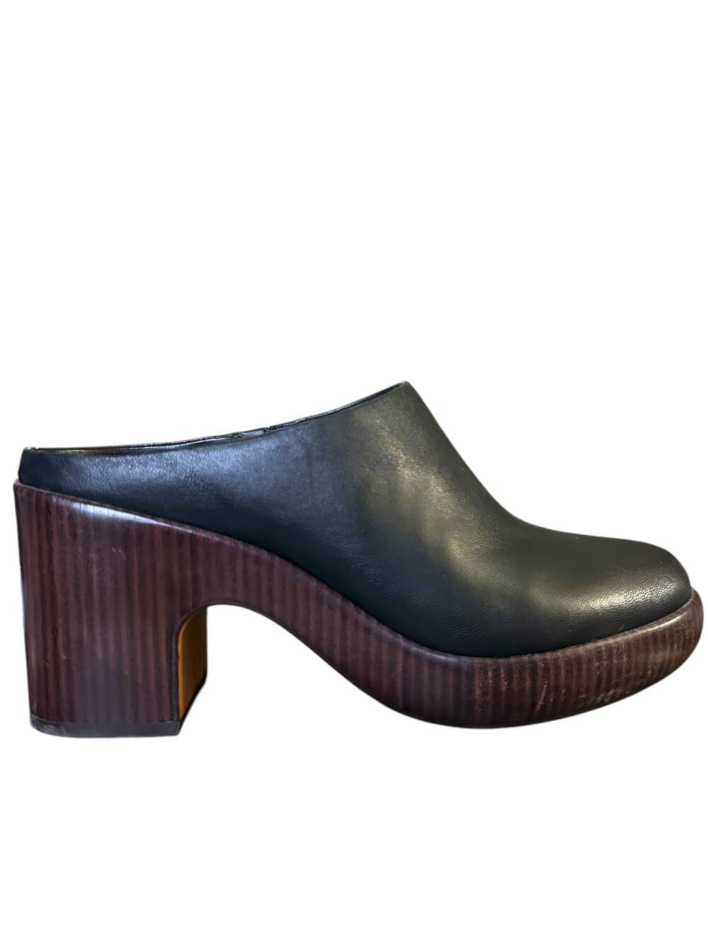 Vince Graham Platform Leather Clog Mule Women 9.5 Black Brown Wood Heel
